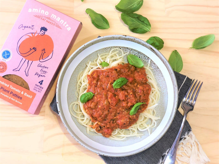 Gluten-free Vegan Spaghetti Bolognese with Sundried Tomato & Basil Patties