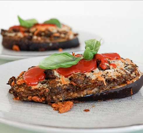 Roasted Stuffed Eggplant with Black Truffle and Thyme Patties